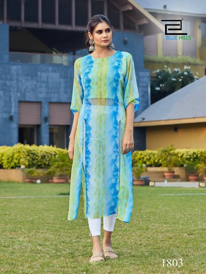 Blue Hills Slit Printed Regular Wear Georgette Designer Kurti Collection